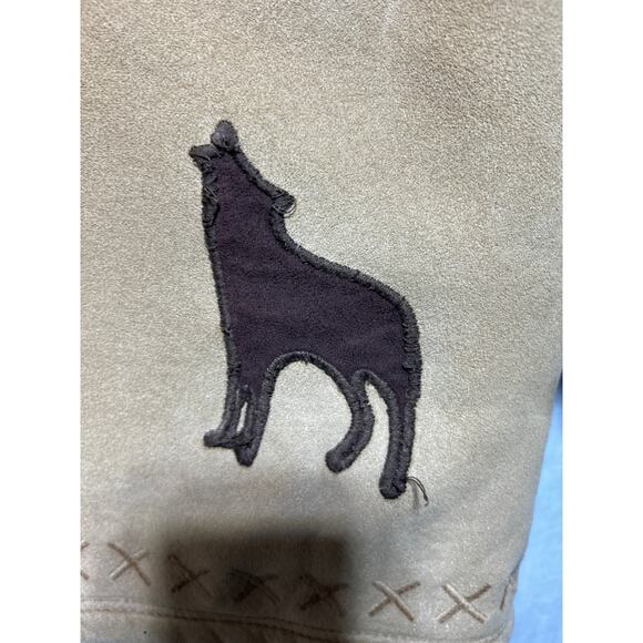 Vintage Faux Suede Jacket Large Tan Embroidered Howling Wolves Coldwater Creek - Picture 6 of 11